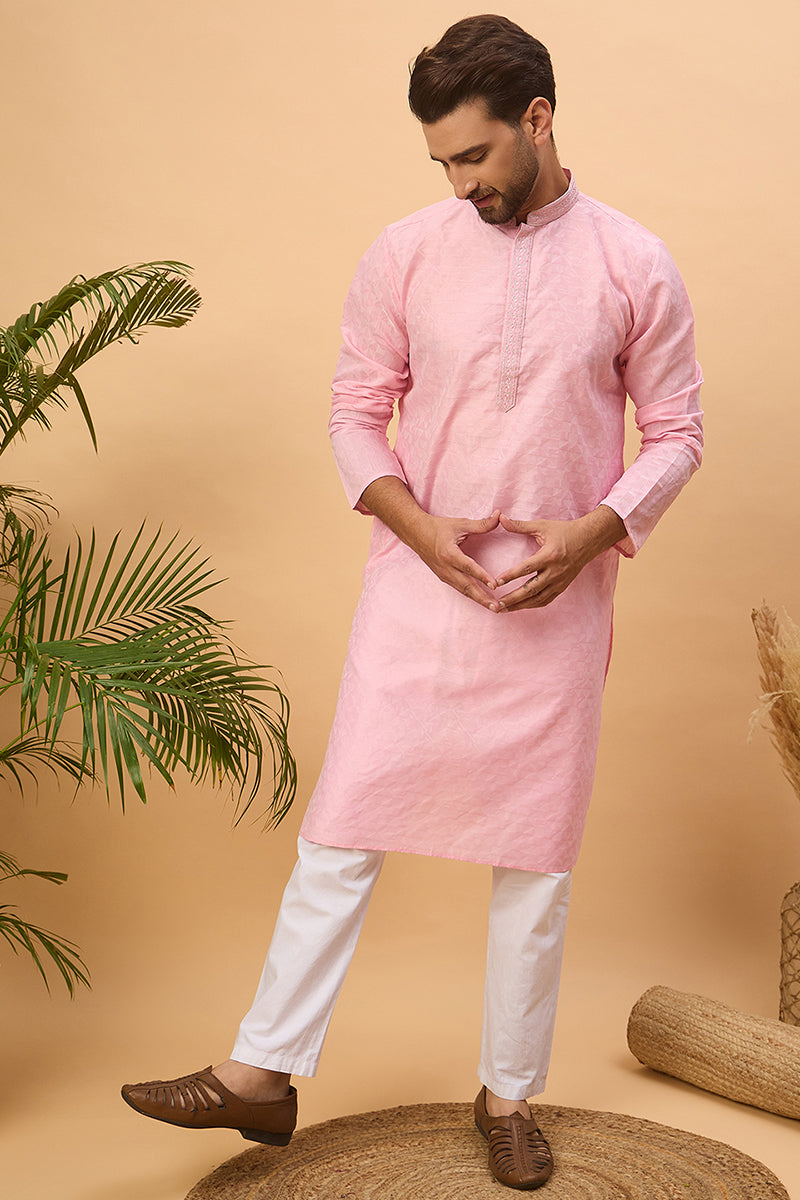 Pink Silk Blend Solid Embroidered Straight Kurta MKU1454