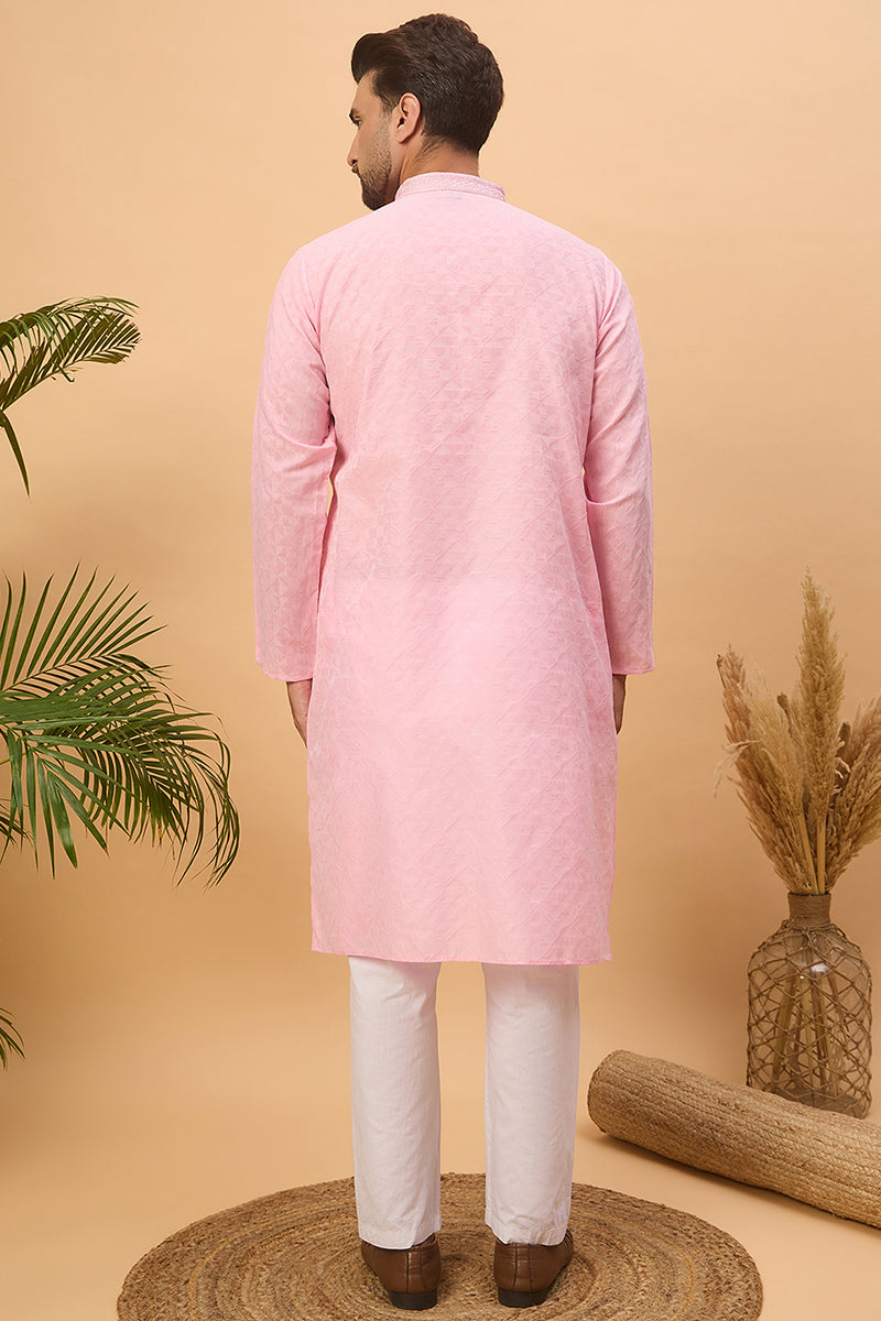 Pink Silk Blend Solid Embroidered Straight Kurta With Pant Set MKSET1454