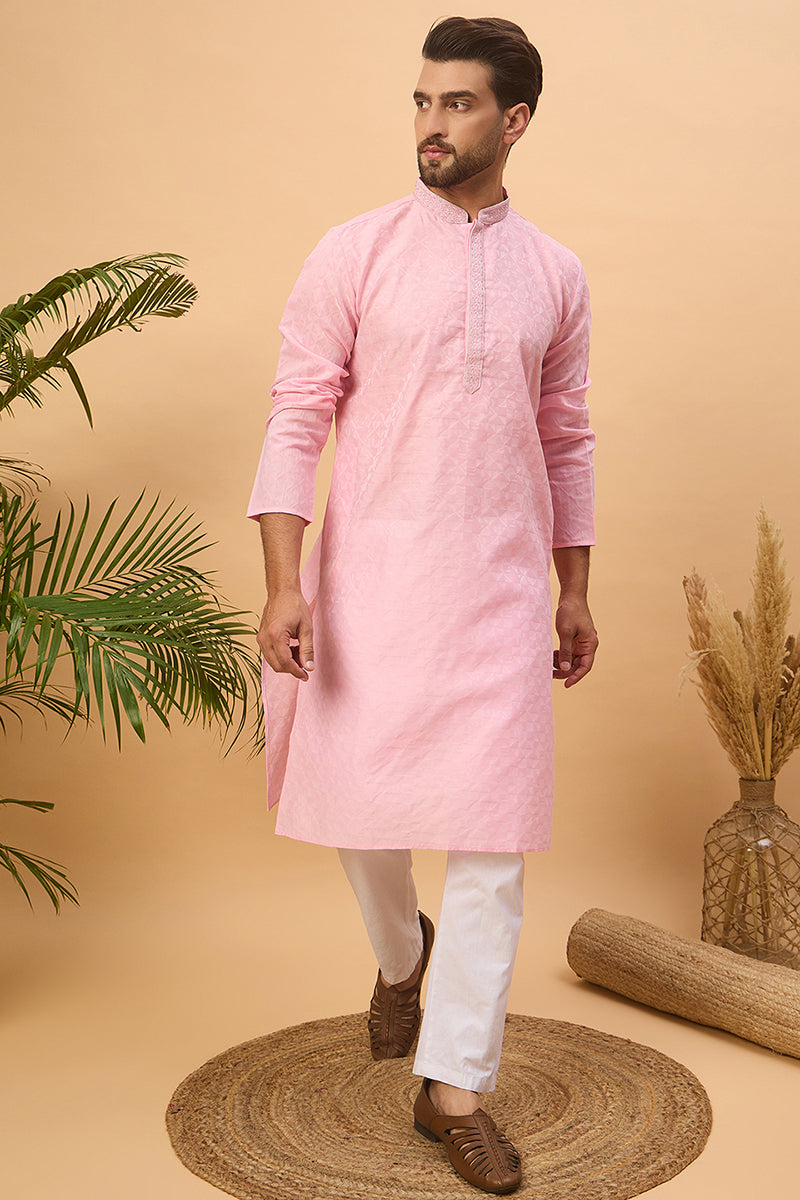 Pink Silk Blend Solid Embroidered Straight Kurta With Pant Set