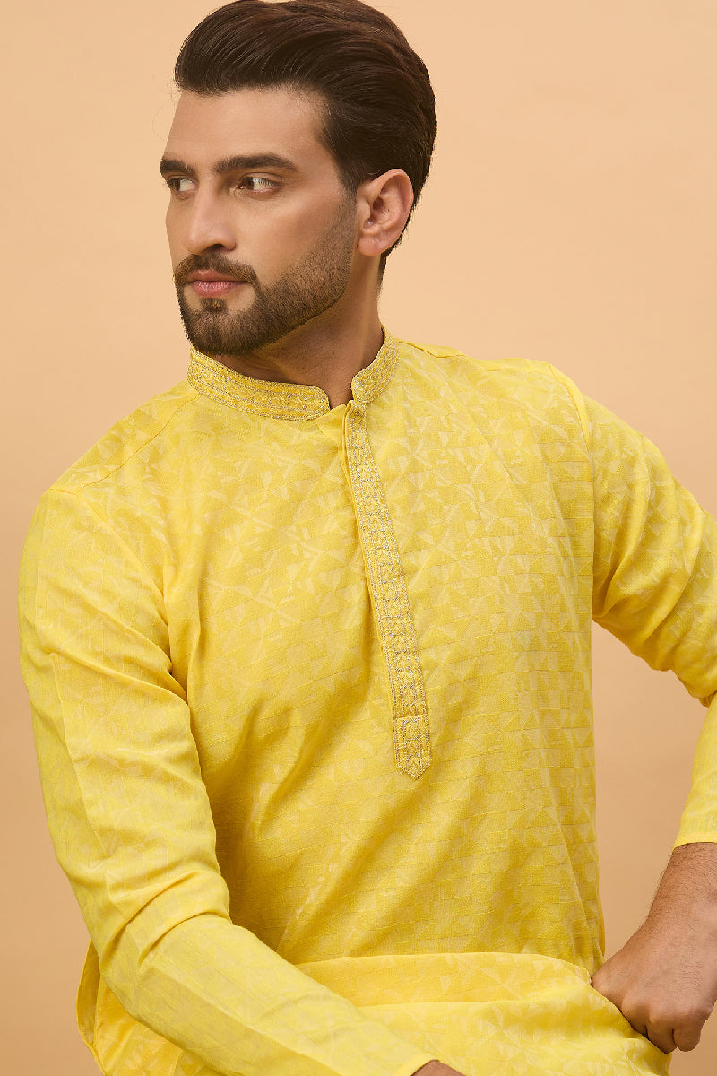Yellow Silk Blend Solid Embroidered Straight Kurta With Pant Set MKSET1455