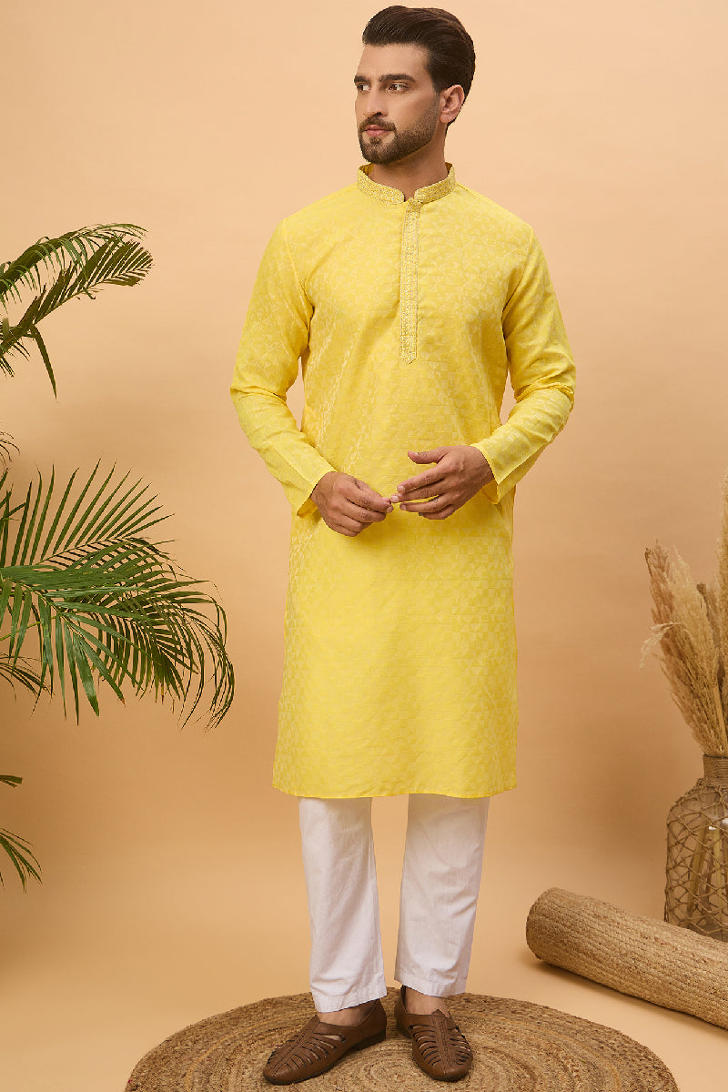Yellow Silk Blend Solid Embroidered Straight Kurta With Pant Set MKSET1455
