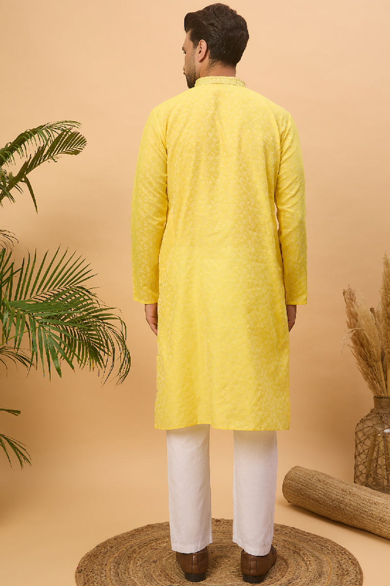 Yellow Silk Blend Solid Embroidered Straight Kurta With Pant Set MKSET1455