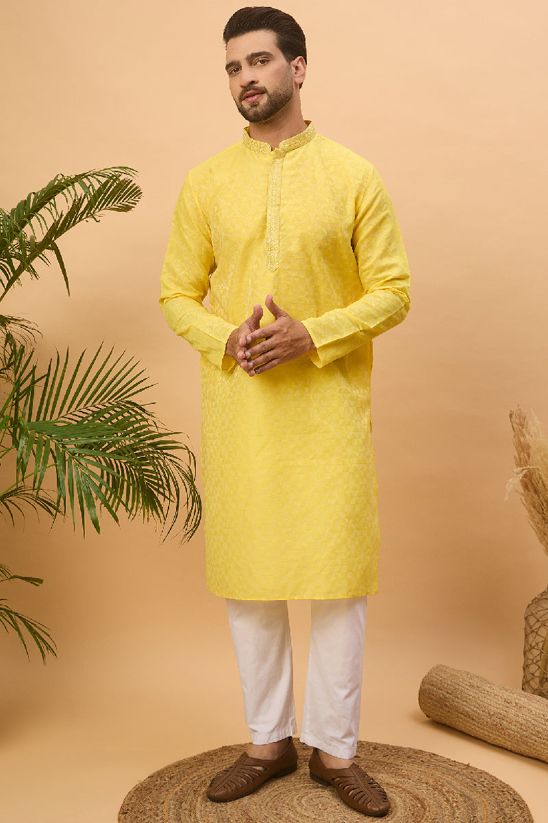 Yellow Silk Blend Solid Embroidered Straight Kurta With Pant Set