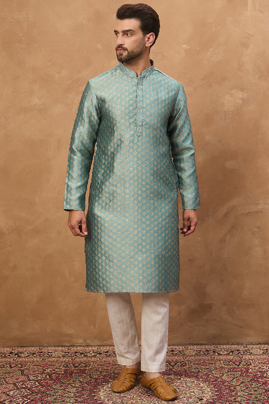 Blue Silk Blend Solid Woven Design Straight Kurta With Pant Set MKSET1457