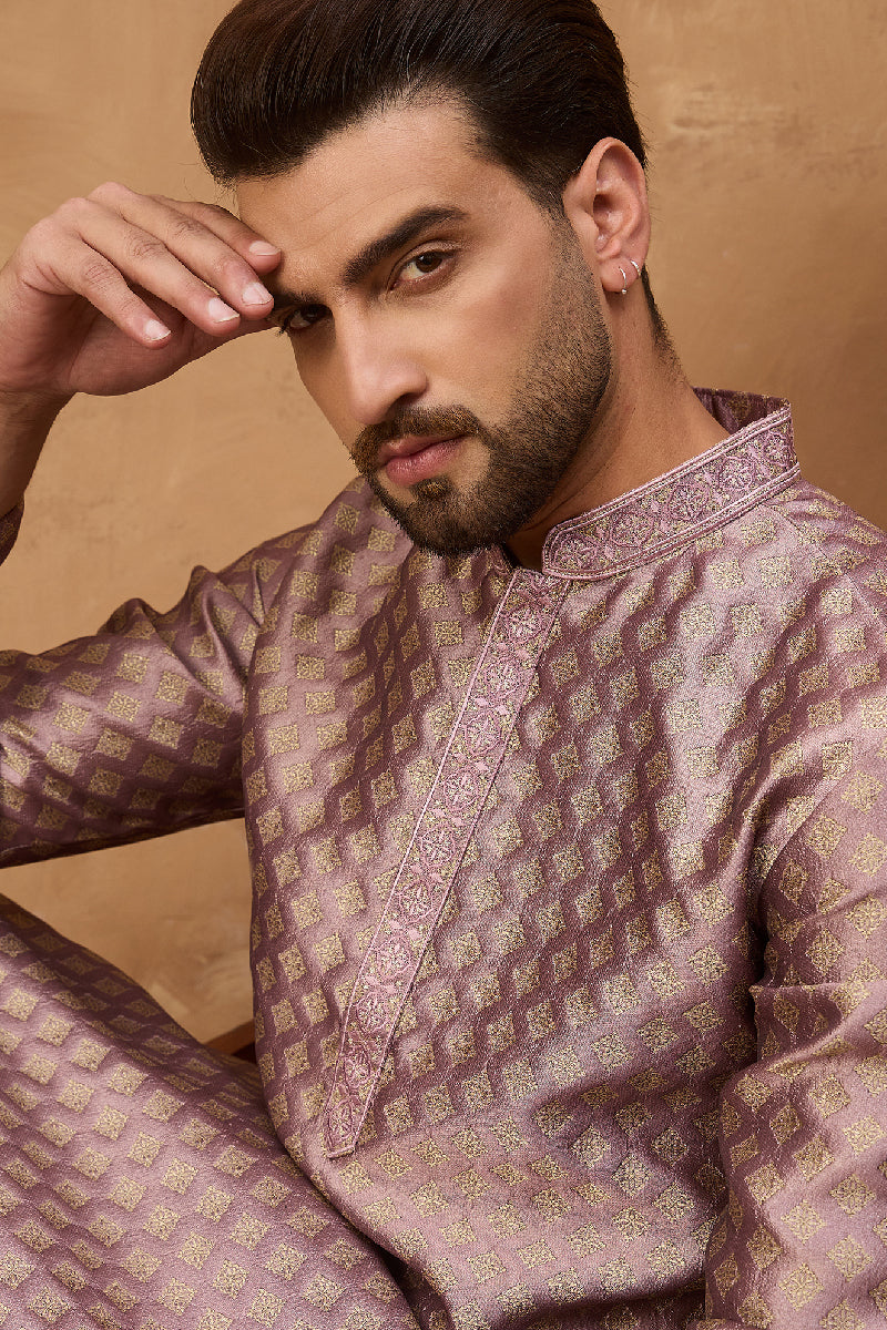 Mauve Silk Blend Solid Woven Design Straight Kurta With Pant Set MKSET1458