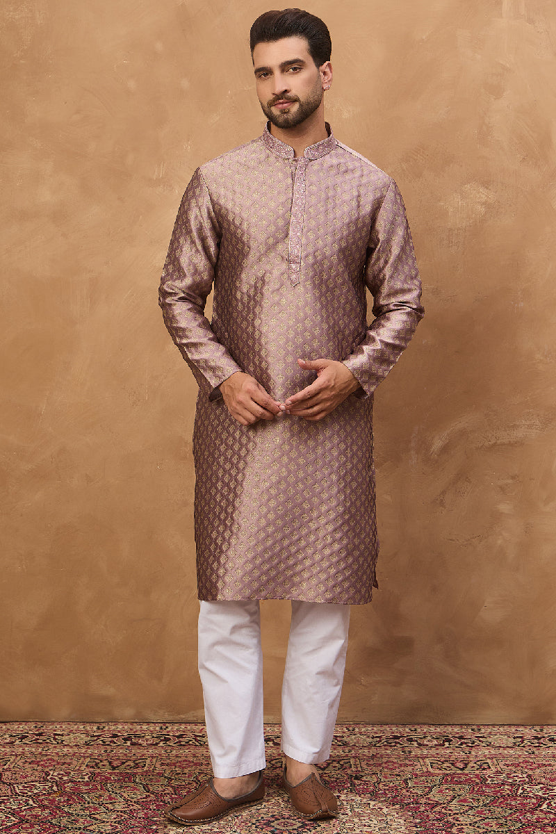 Mauve Silk Blend Solid Woven Design Straight Kurta With Pant Set MKSET1458