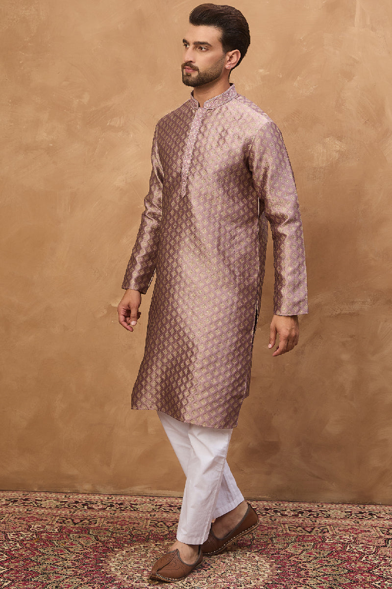 Mauve Silk Blend Solid Woven Design Straight Kurta With Pant Set MKSET1458