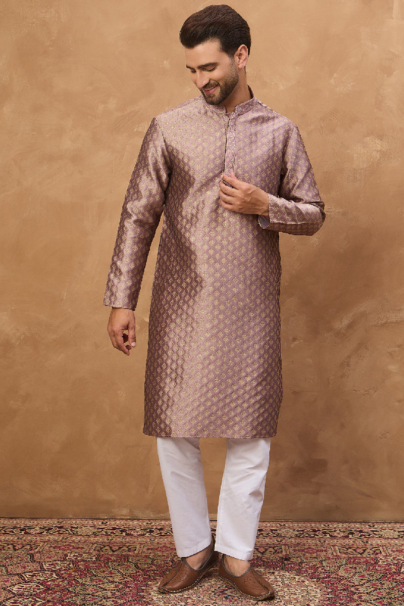 Mauve Silk Blend Solid Woven Design Straight Kurta With Pant Set