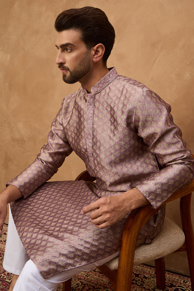 Mauve Silk Blend Solid Woven Design Straight Kurta With Pant Set