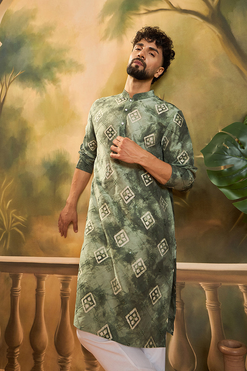 Green Silk Blend Embroidered Straight Kurta MKU1464