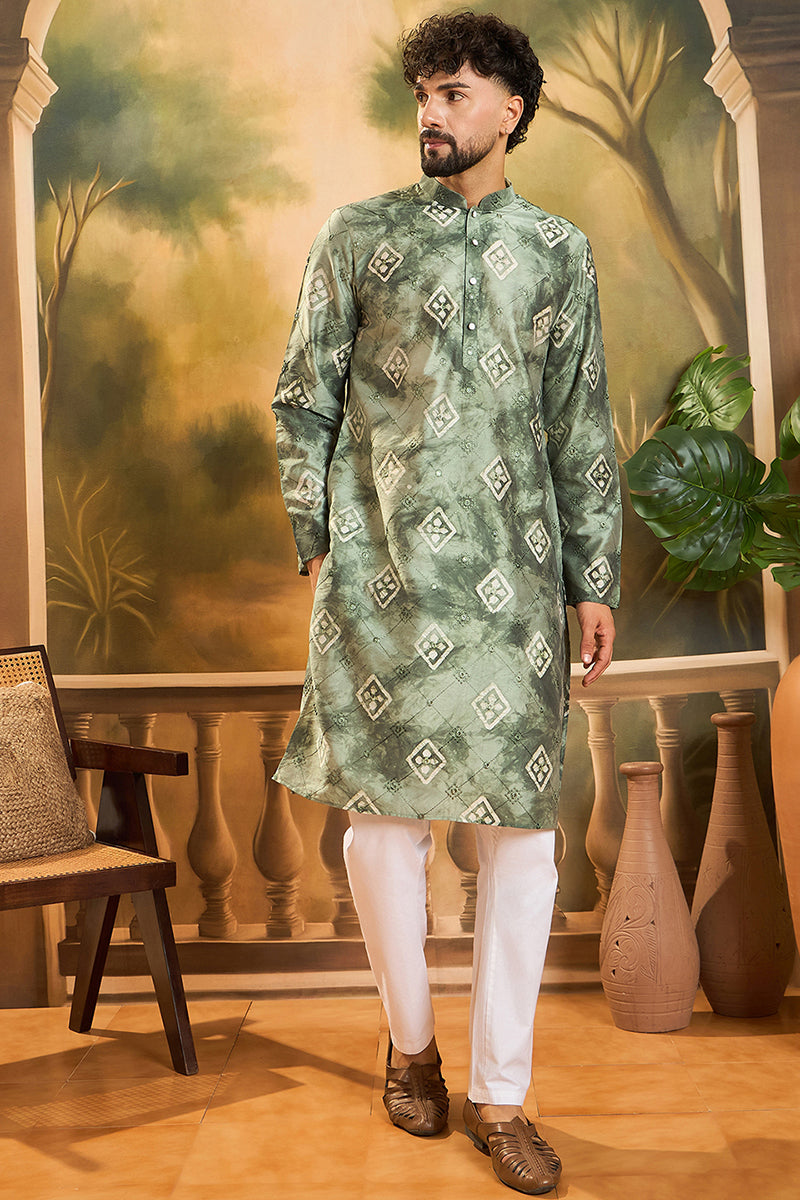 Green Silk Blend Embroidered Straight Kurta MKU1464