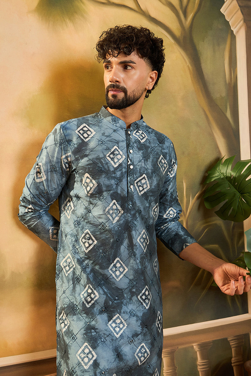 Blue Silk Blend Embroidered Straight Kurta