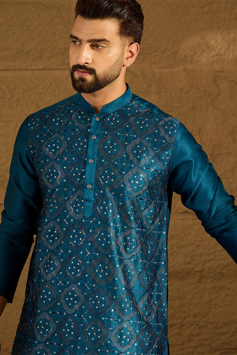 Blue Silk Blend Solid Embroidered Straight Kurta MKU1469