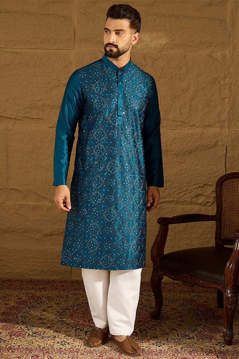 Blue Silk Blend Solid Embroidered Straight Kurta with Trouser MKSET1469