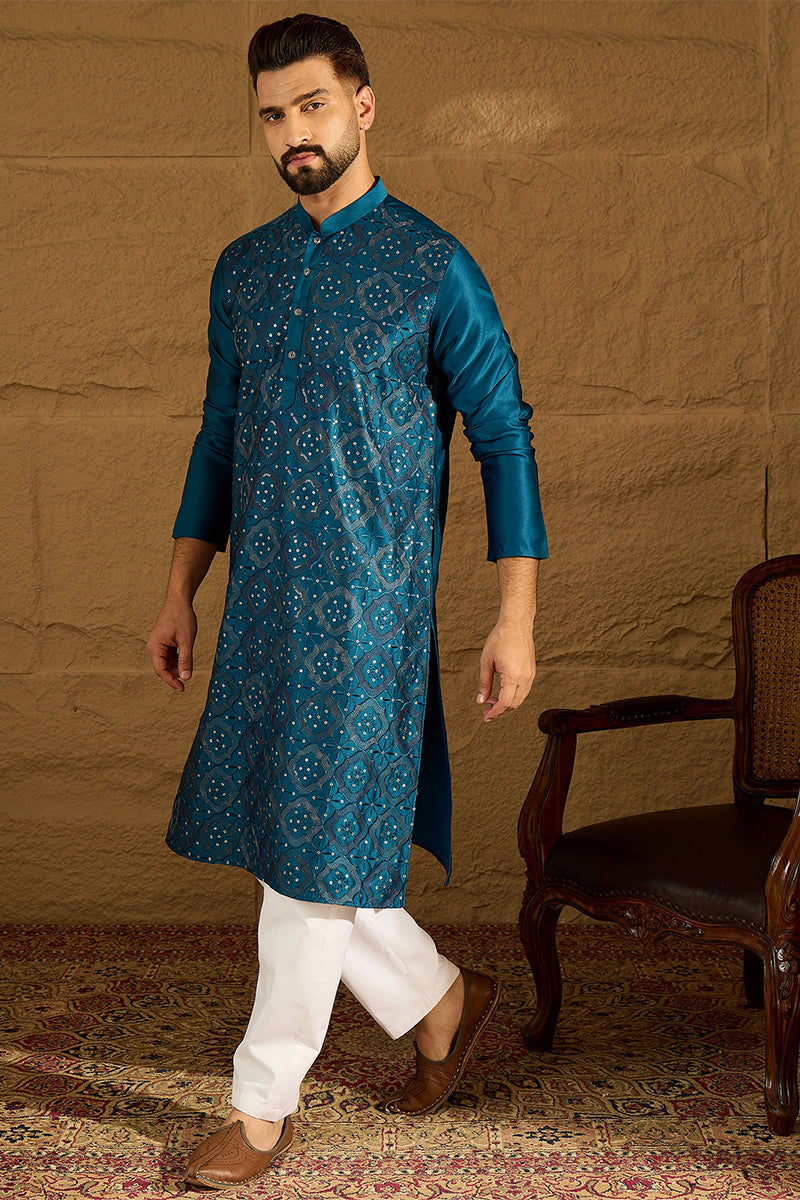 Blue Silk Blend Solid Embroidered Straight Kurta with Trouser MKSET1469