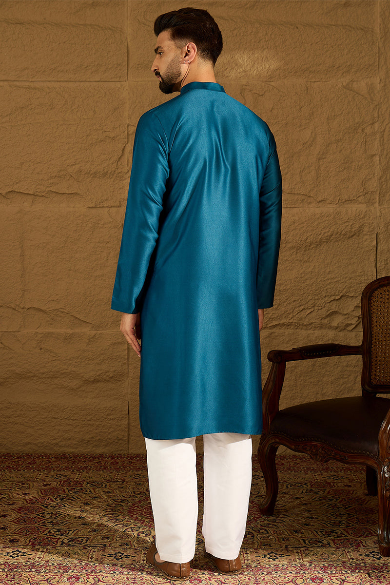 Blue Silk Blend Solid Embroidered Straight Kurta