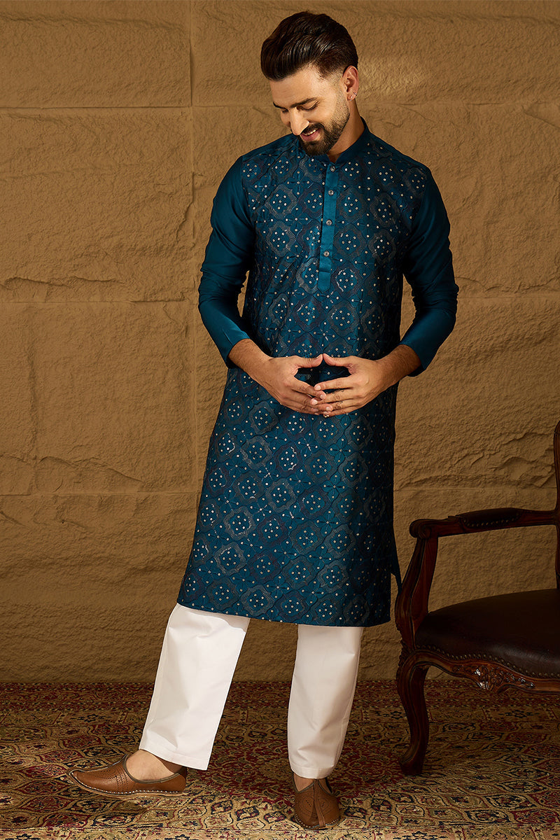 Blue Silk Blend Solid Embroidered Straight Kurta