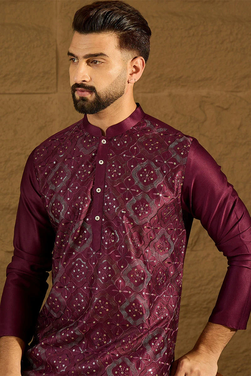 Purple Silk Blend Solid Embroidered Straight Kurta with Trouser MKSET1470