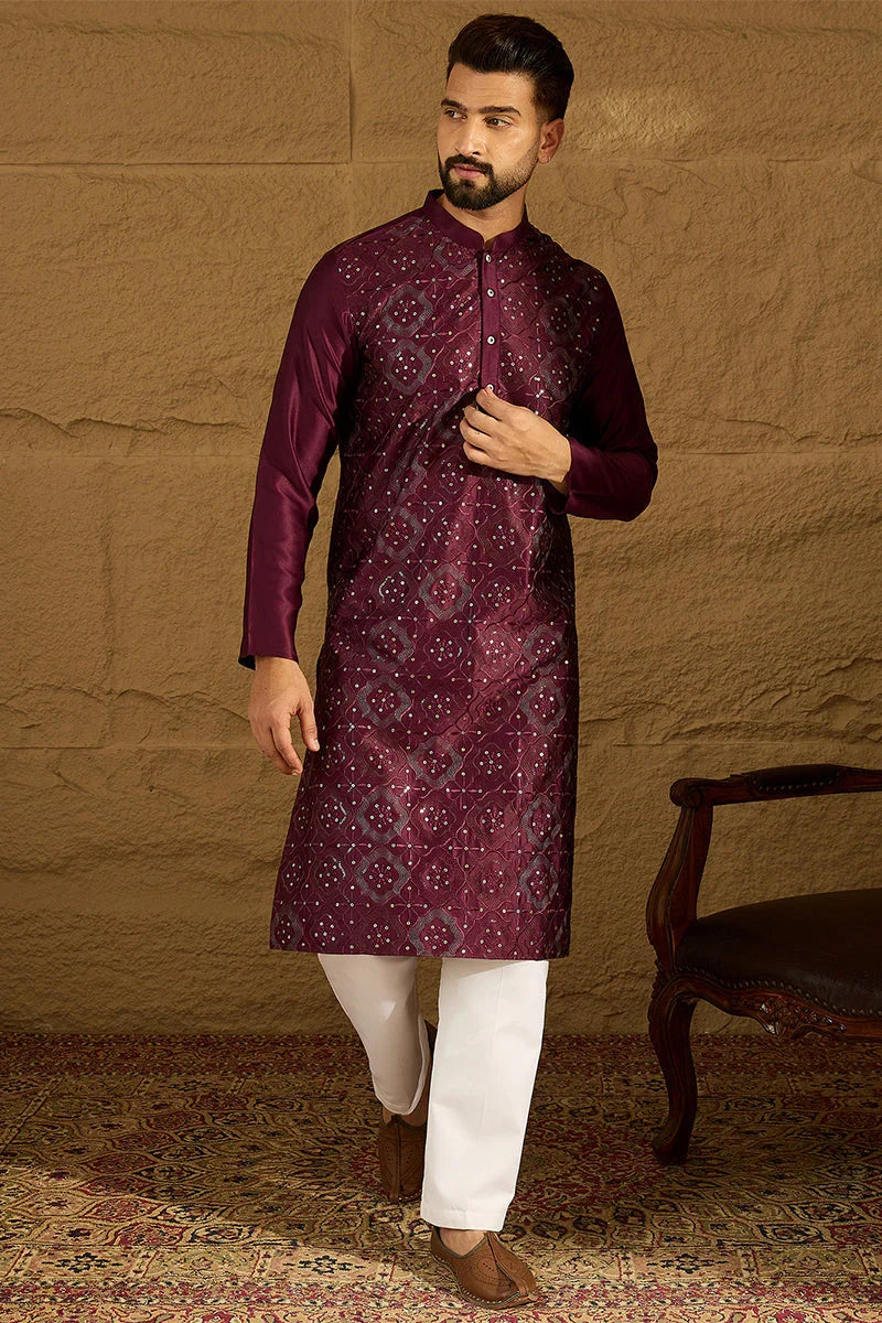 Purple Silk Blend Solid Embroidered Straight Kurta with Trouser MKSET1470