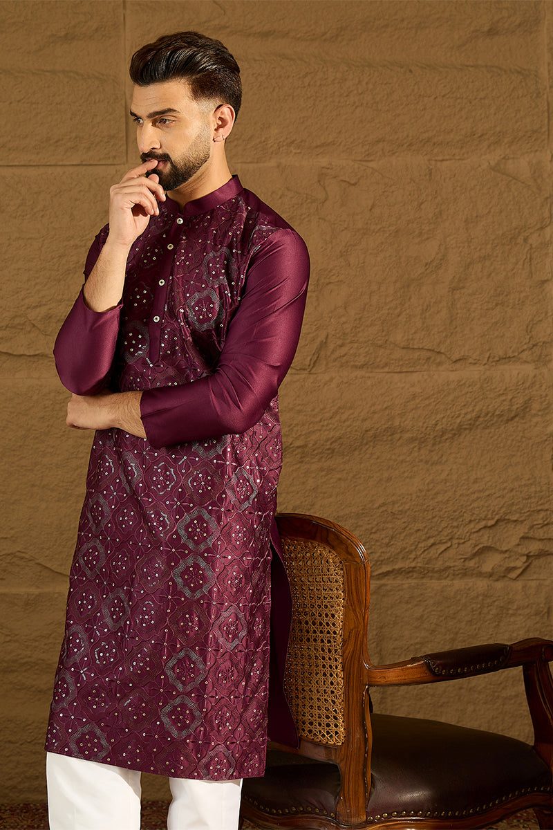 Purple Silk Blend Solid Embroidered Straight Kurta MKU1470