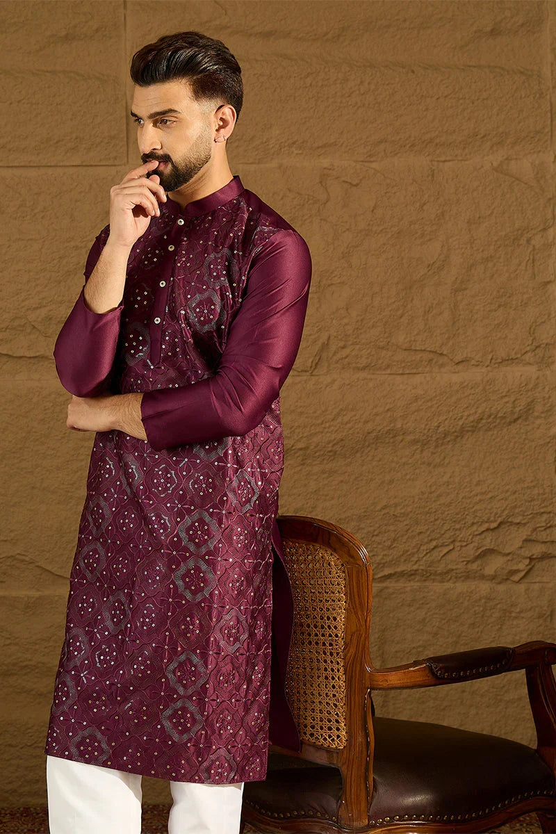 Purple Silk Blend Solid Embroidered Straight Kurta with Trouser MKSET1470