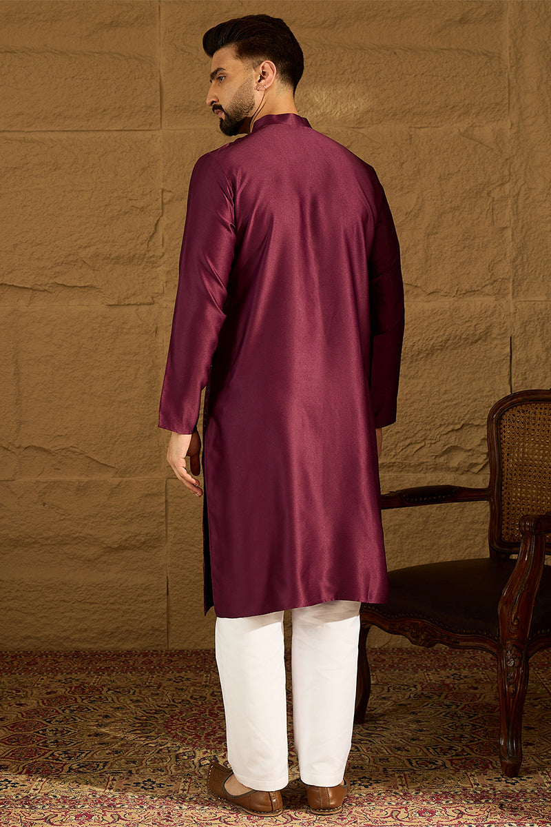 Purple Silk Blend Solid Embroidered Straight Kurta