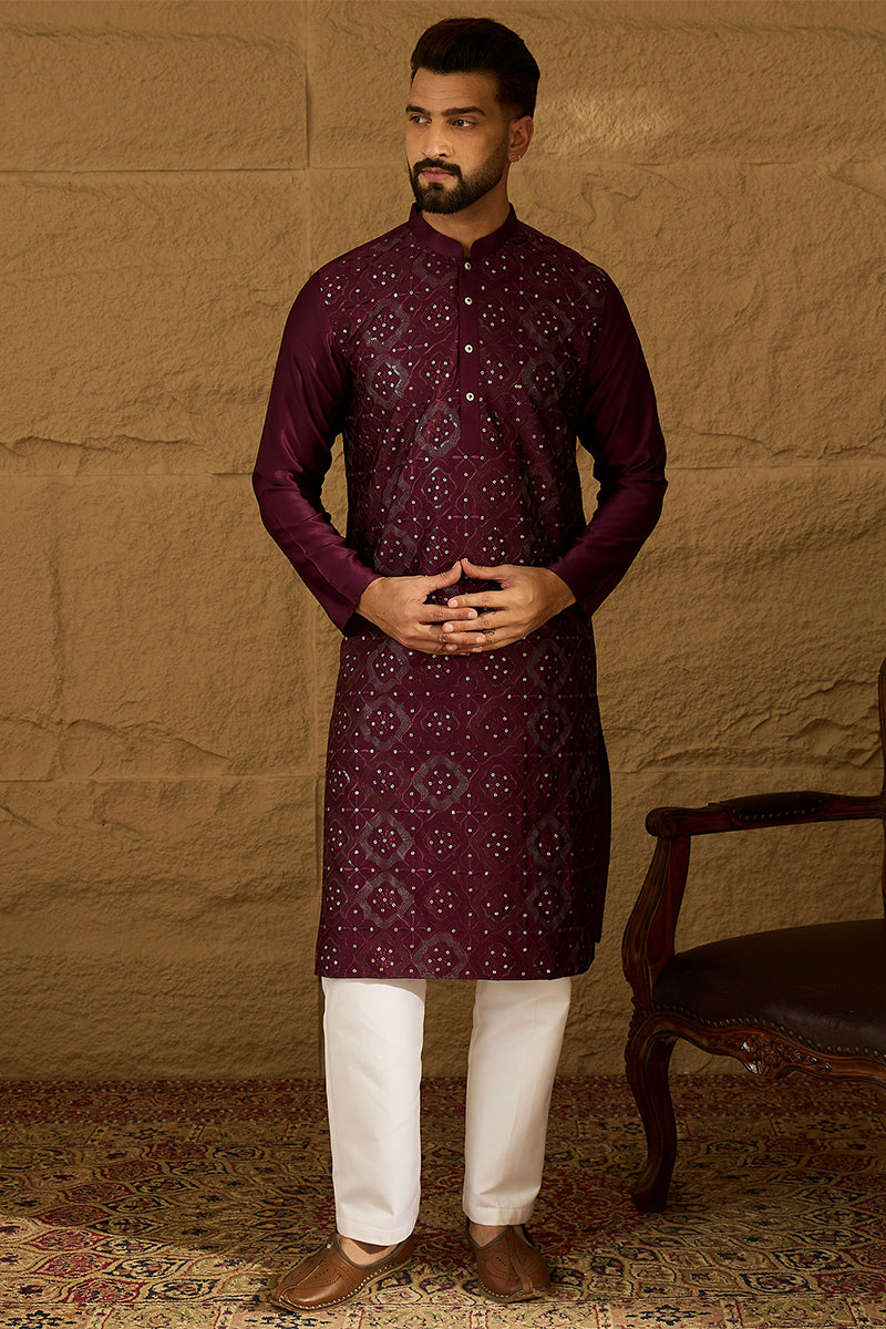 Purple Silk Blend Solid Embroidered Straight Kurta