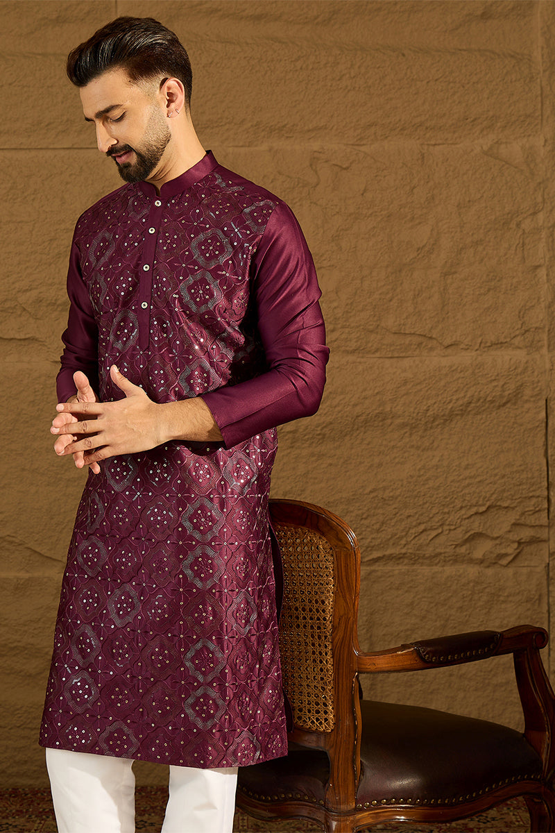 Purple Silk Blend Solid Embroidered Straight Kurta MKU1470