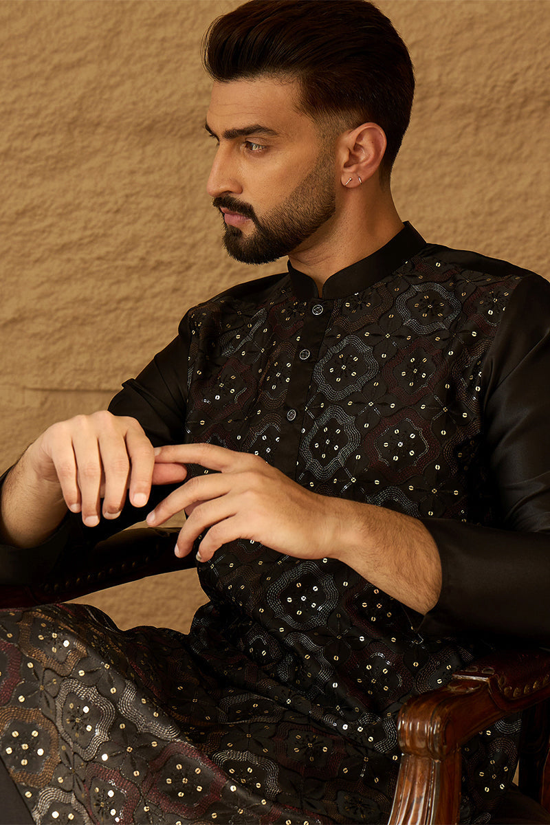Black Silk Blend Solid Embroidered Straight Kurta with Trouser MKSET1471