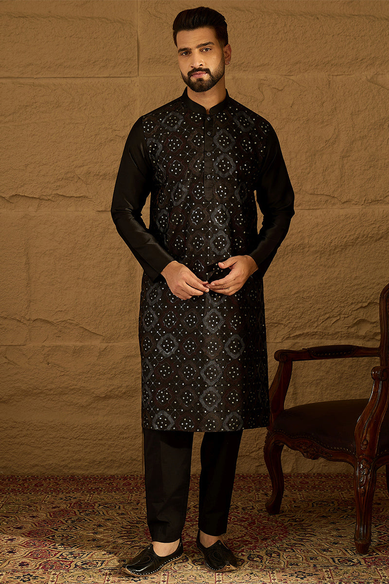 Black Silk Blend Solid Embroidered Straight Kurta with Trouser MKSET1471