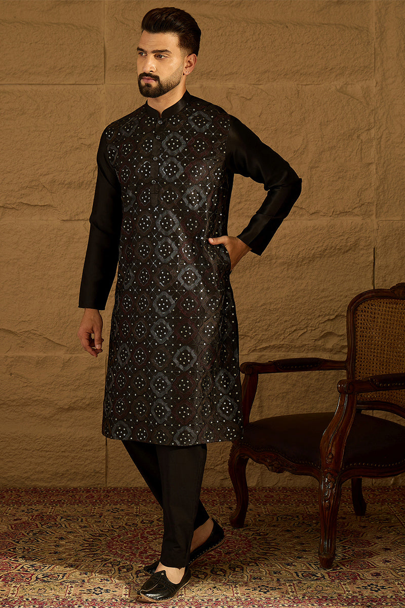 Black Silk Blend Solid Embroidered Straight Kurta with Trouser MKSET1471