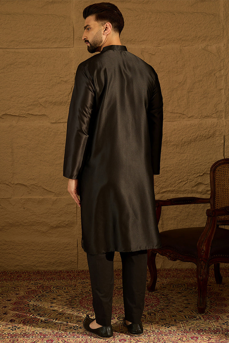 Black Silk Blend Solid Embroidered Straight Kurta MKU1471