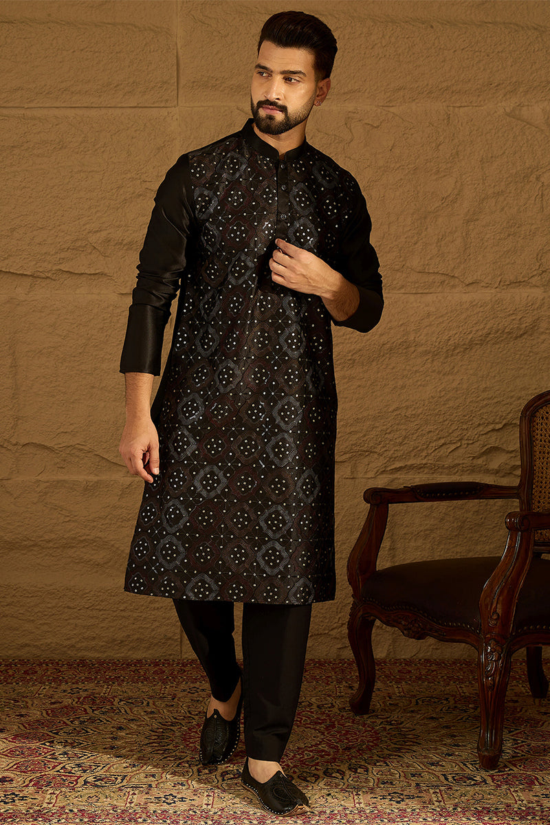 Black Silk Blend Solid Embroidered Straight Kurta