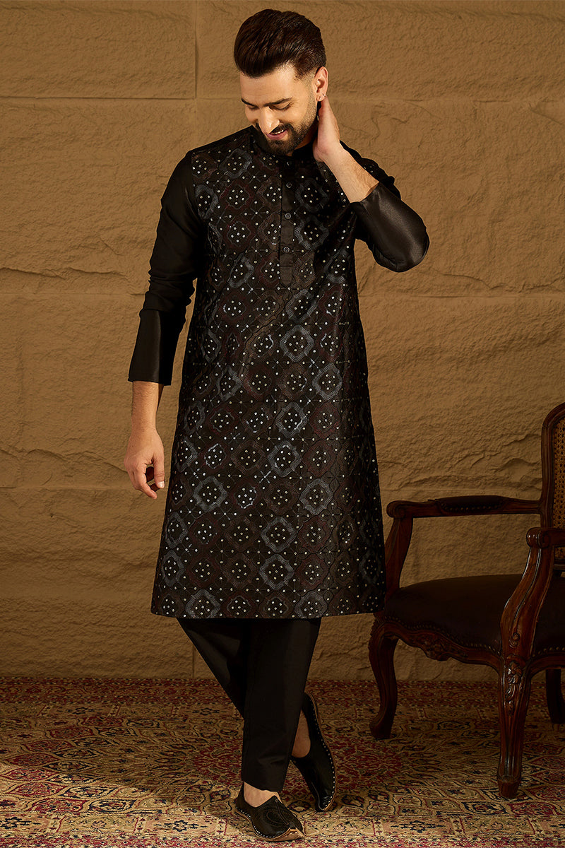 Black Silk Blend Solid Embroidered Straight Kurta