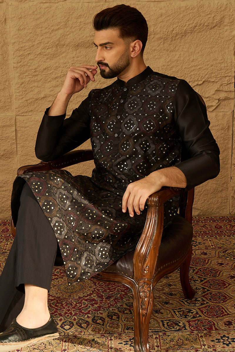 Black Silk Blend Solid Embroidered Straight Kurta