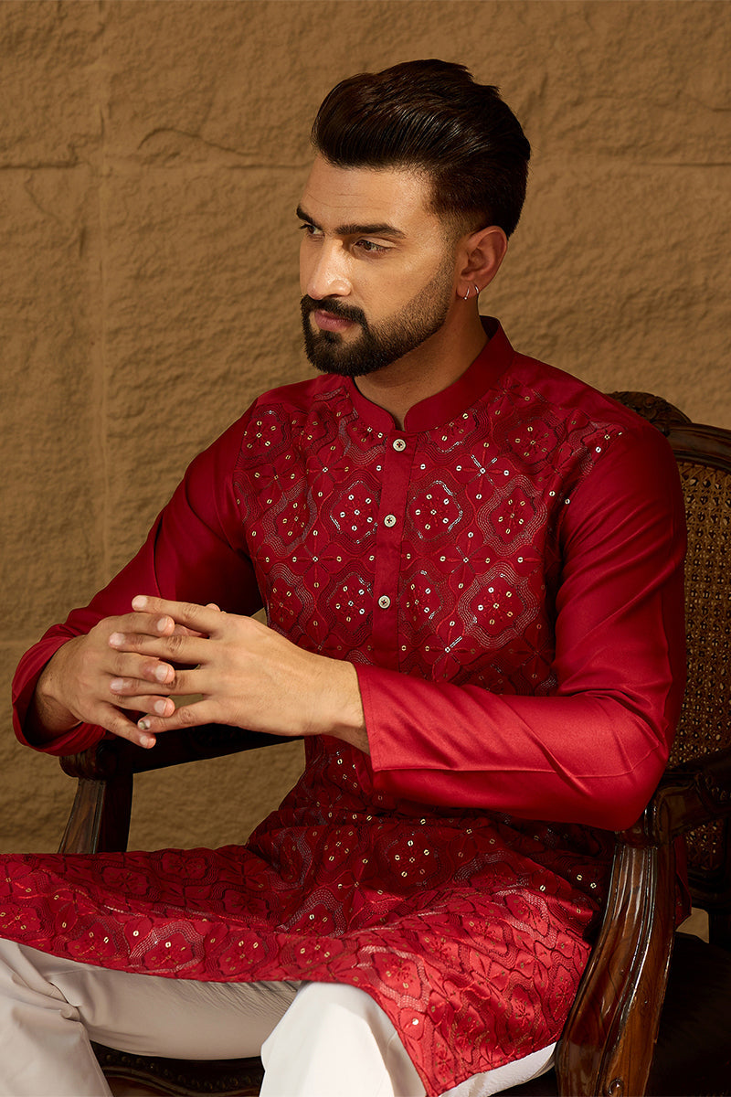 Maroon Silk Blend Solid Embroidered Straight Kurta with Trouser MKSET1472