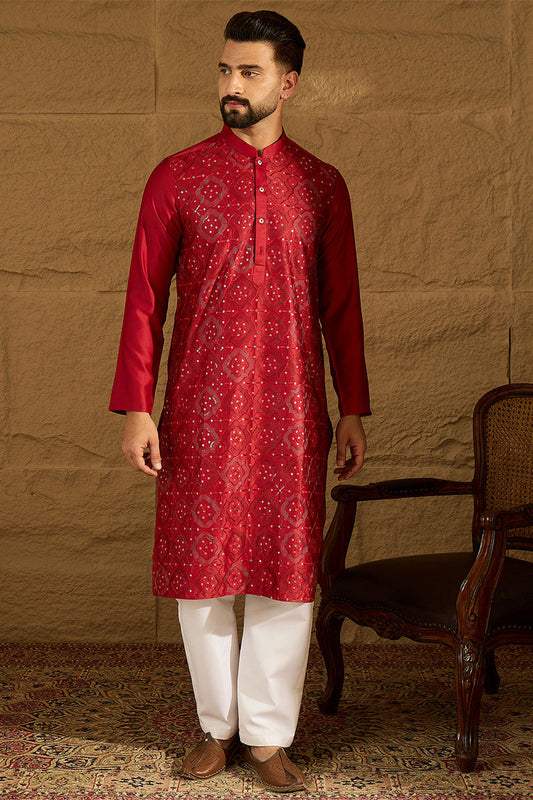 Maroon Silk Blend Solid Embroidered Straight Kurta MKU1472