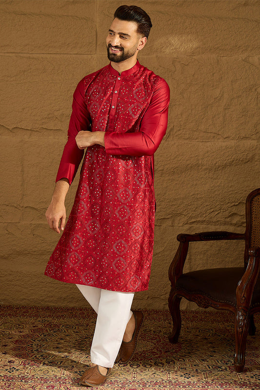 Maroon Silk Blend Solid Embroidered Straight Kurta with Trouser MKSET1472