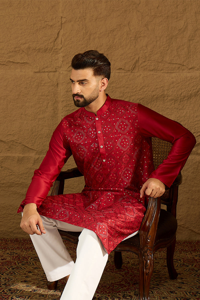 Maroon Silk Blend Solid Embroidered Straight Kurta