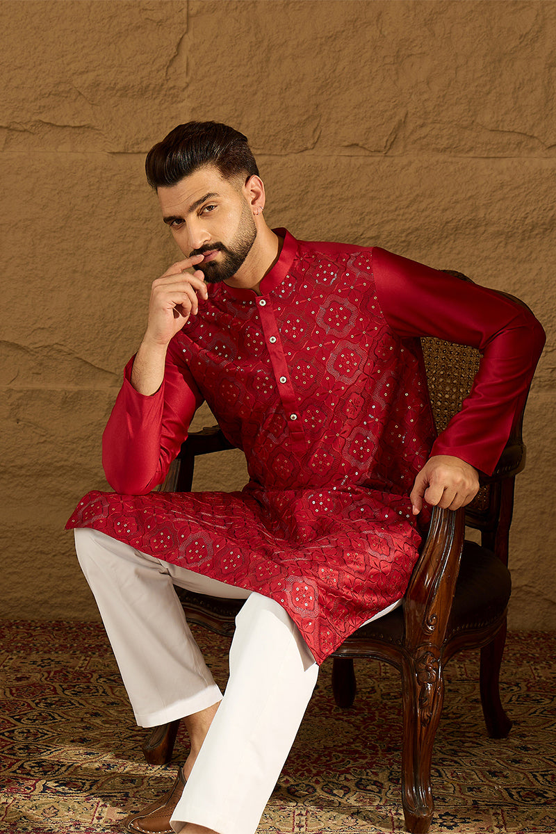 Maroon Silk Blend Solid Embroidered Straight Kurta
