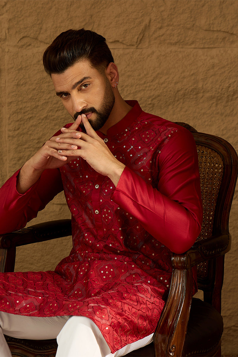 Maroon Silk Blend Solid Embroidered Straight Kurta MKU1472