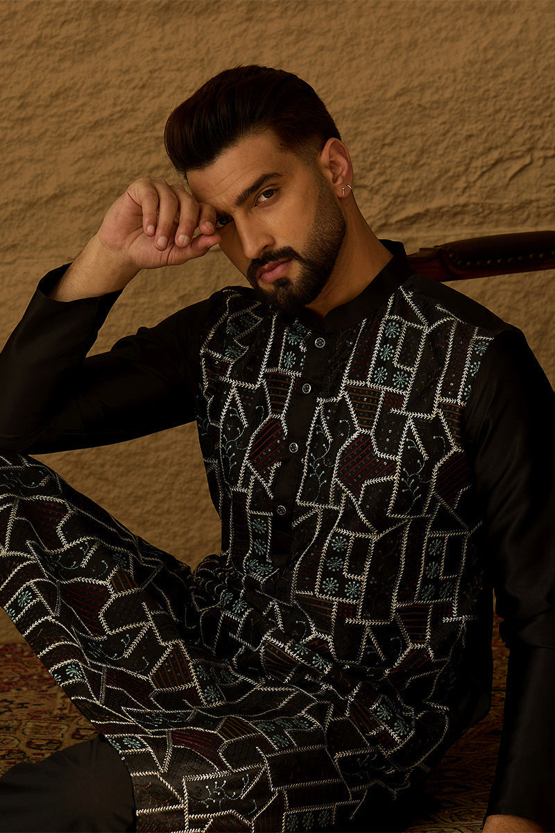 Black Silk Blend Solid Embroidered Straight Kurta MKU1474