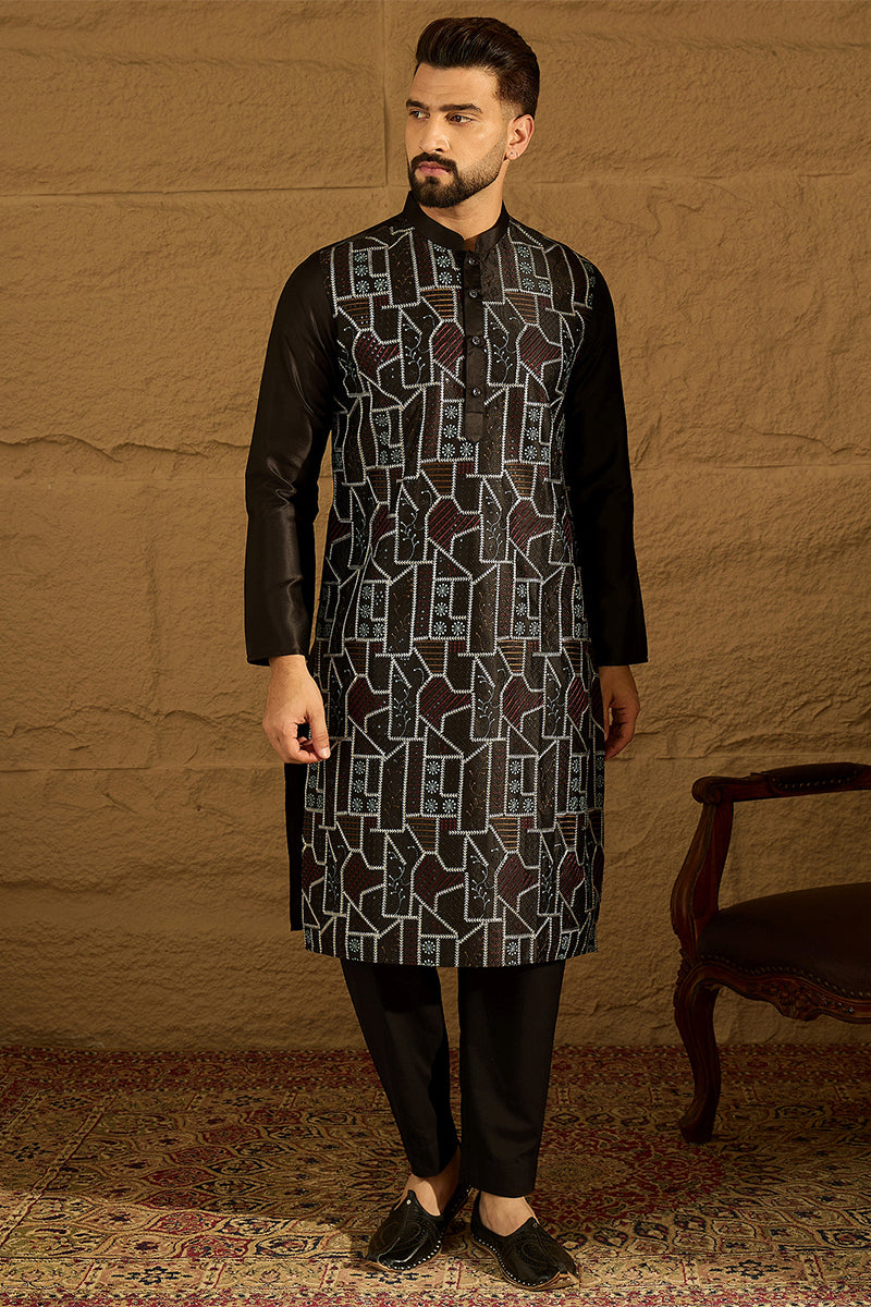 Black Silk Blend Solid Embroidered Straight Kurta MKU1474