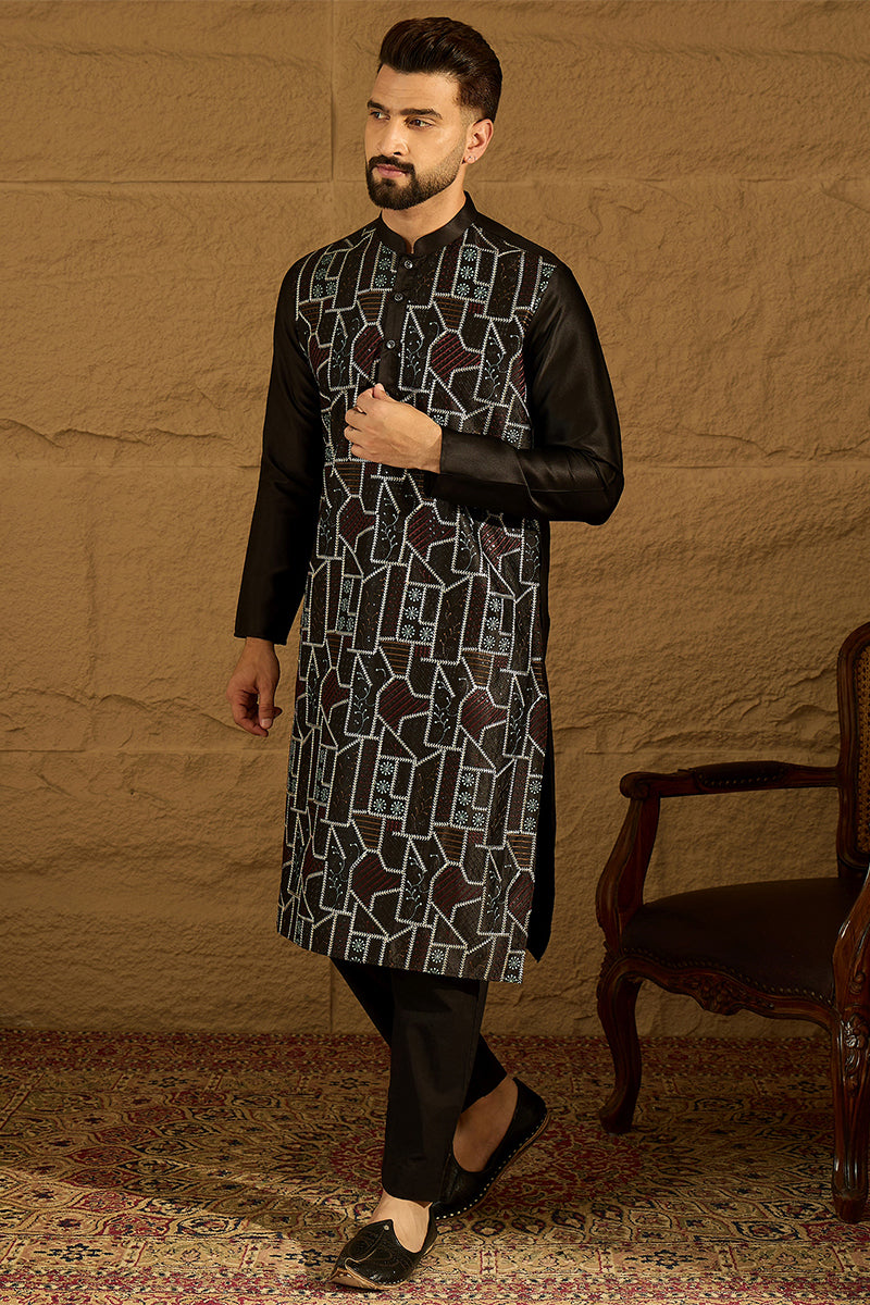 Black Silk Blend Solid Embroidered Straight Kurta MKU1474