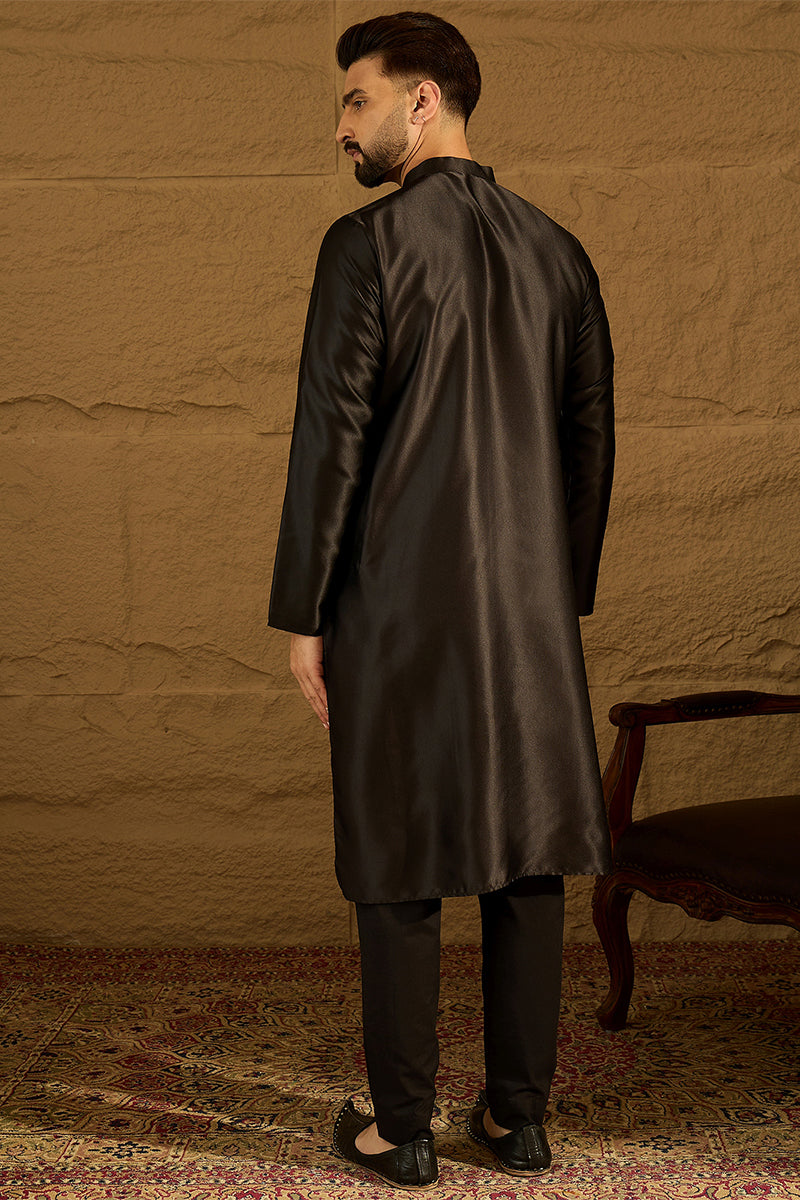 Black Silk Blend Solid Embroidered Straight Kurta MKU1474