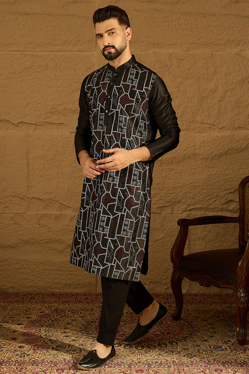 Black Silk Blend Solid Embroidered Straight Kurta with Trouser
