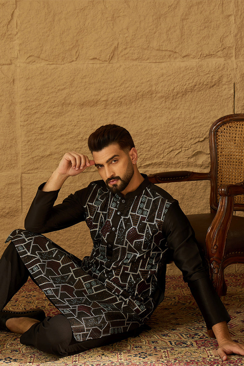 Black Silk Blend Solid Embroidered Straight Kurta