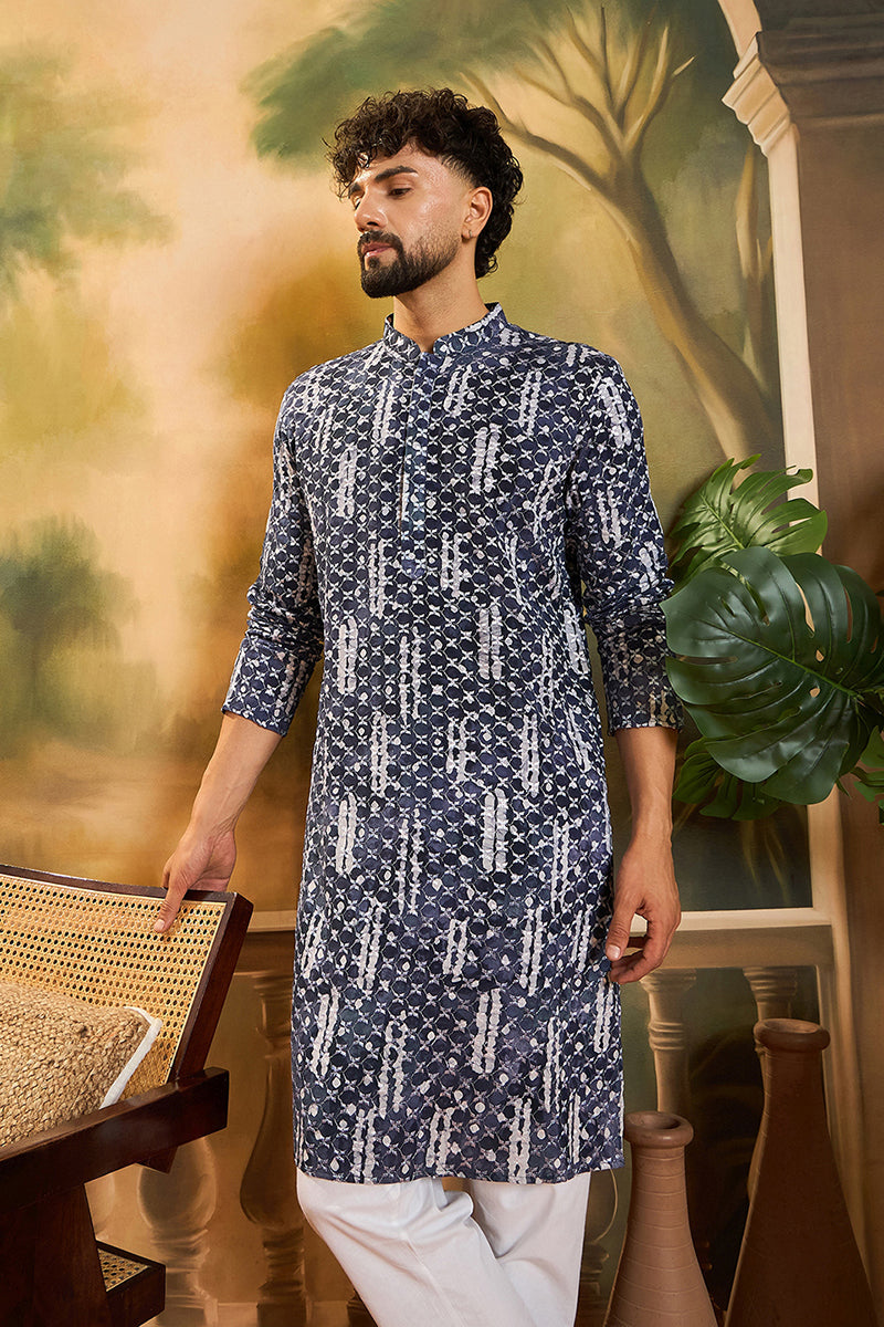 Blue Viscose Rayon Embroidered Straight Kurta MKU1475