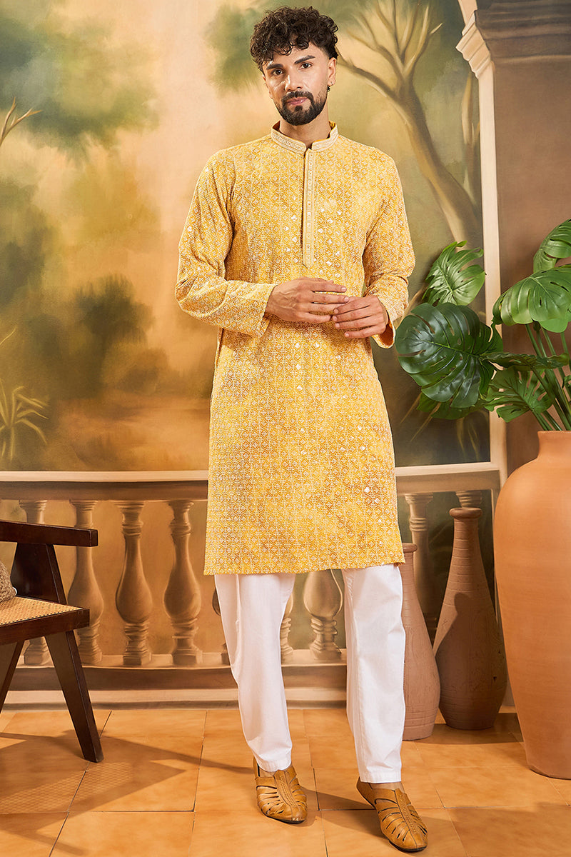 Yellow Viscose Rayon Shibori Embroidered Straight Kurta MKU1483