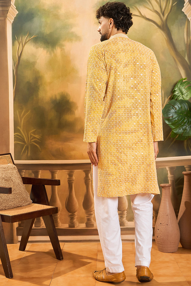 Yellow Viscose Rayon Shibori Embroidered Straight Kurta MKU1483